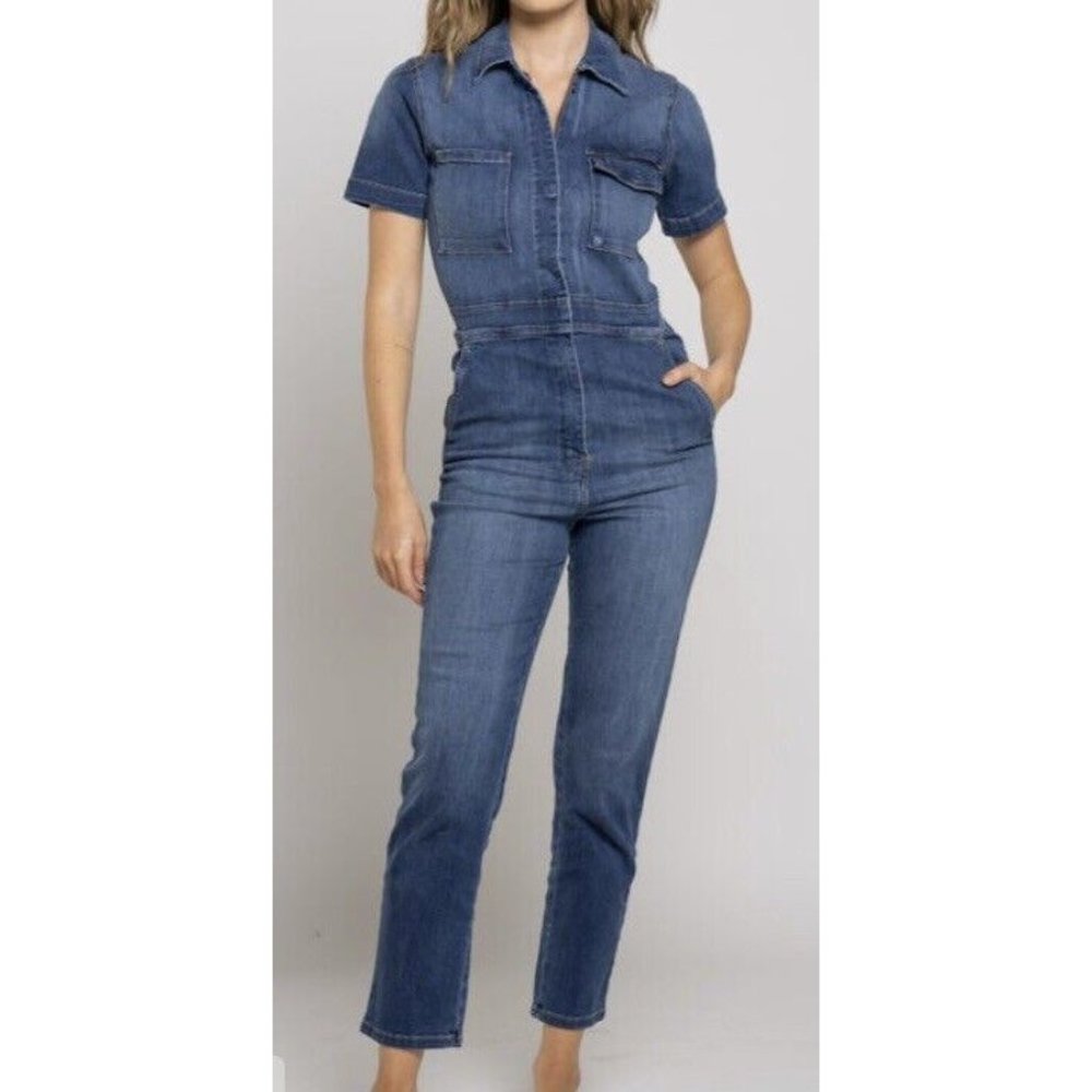 Rivet Utility Rebel Womens Cotton Denim Zip Button Straight Leg Jumpsuit Size S